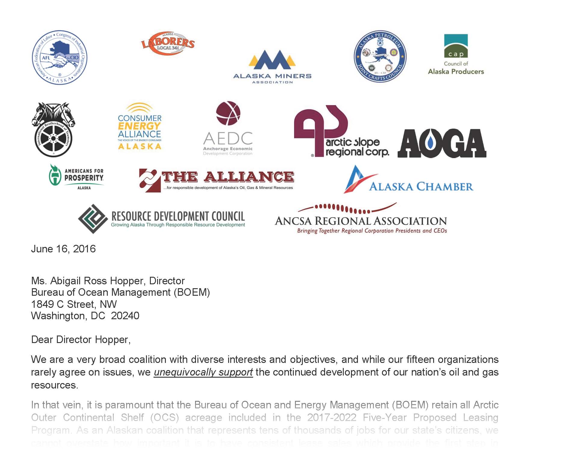 Alaska Coalition Letter